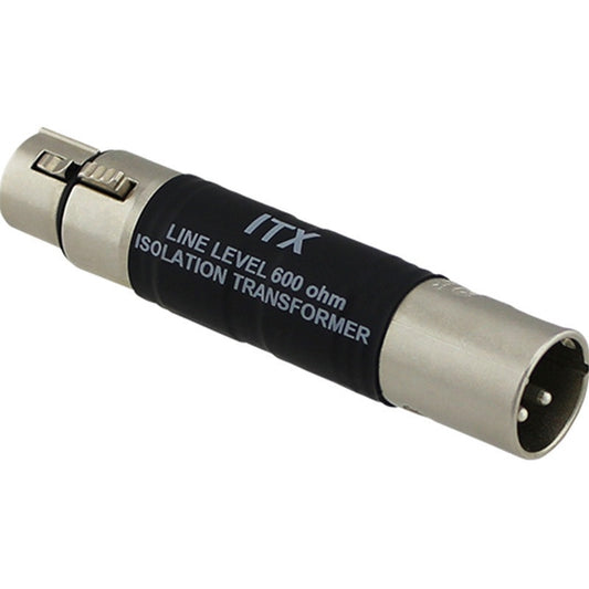 ProCo Sound ITX isolation transformer angled to show 3-pin male XLR end and label markings