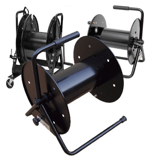 ProCo Sound HCR-1 Hannay cable reel group shot with black steel drums, hand cranks, and caster base