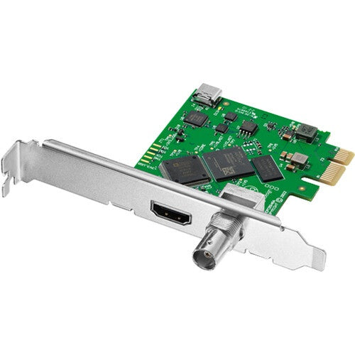 Blackmagic Design DeckLink Mini Monitor HD PCIe card angled view with HDMI and BNC outputs on bracket