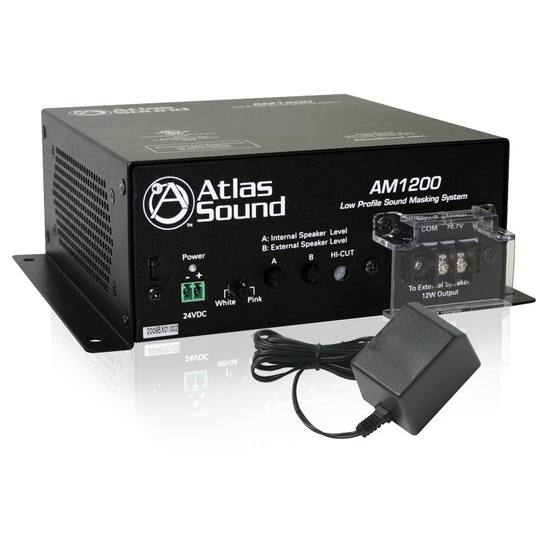 AM1200 sound masking system angled front view showing internal and external speaker level knobs, white/pink noise switch, 24VDC terminal and 70.7V speaker barrier strip with included power supply, AtlasIED
