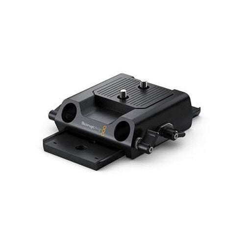 Blackmagic Design Camera Studio 4K tripod mount, angled view showing rod ports, thumbscrews and baseplate