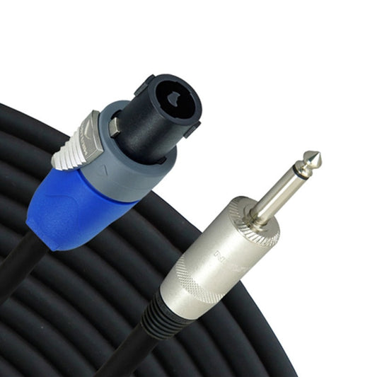 RapcoHorizon H Series 12GA speaker cable coiled with 1/4" TS plug and Speakon NL2 connector ends