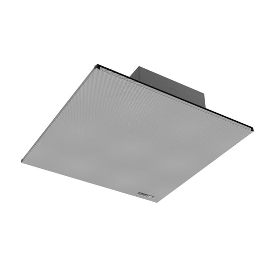 AtlasIED DA-22SYS angled view showing ceiling tile grille with rear enclosure and knockout
