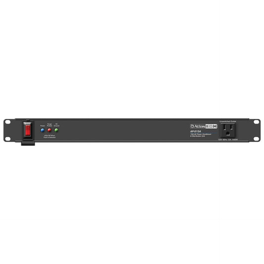 AP-S15A 1RU power conditioner front panel with red illuminated rocker switch, Power/Surge Protect/AC Ground LEDs and front unswitched 120V outlet, AtlasIED