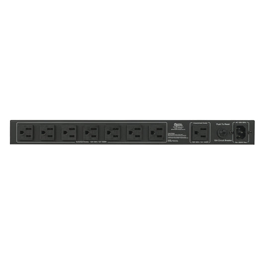AP-S15A rear panel detail showing seven switched NEMA outlets, unswitched outlet, push-to-reset 15A circuit breaker and IEC AC inlet, AtlasIED