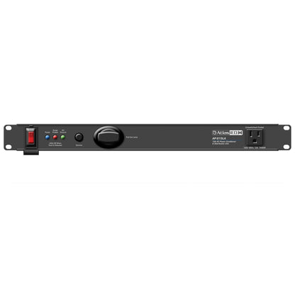 AP-S15LA 1U rack power conditioner front panel with red rocker switch, status LEDs, dimmer knob, pull-out lamp and unswitched outlet, AtlasIED