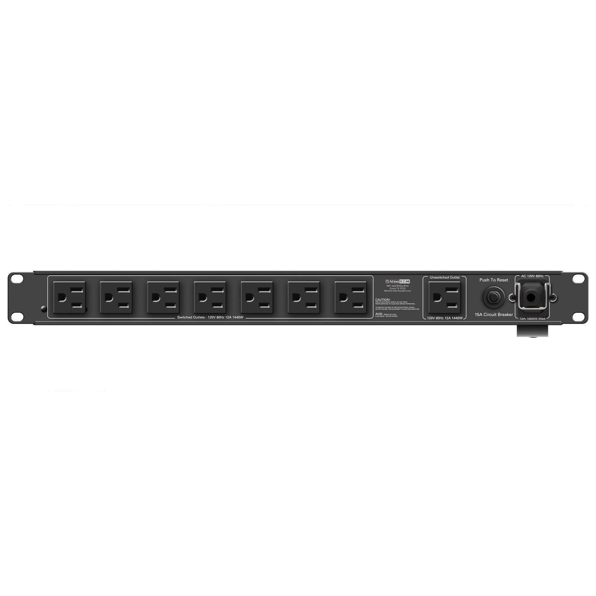 AP-S15LA rear panel showing seven switched 120V outlets, unswitched outlet, 15A circuit breaker reset and AC inlet, AtlasIED