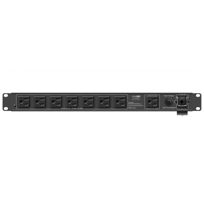 AP-S15LA rear panel showing seven switched 120V outlets, unswitched outlet, 15A circuit breaker reset and AC inlet, AtlasIED