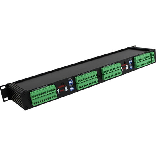 ProCo Sound MS-83P mic splitter angled view showing green terminal block inputs, outputs and ground lift switches