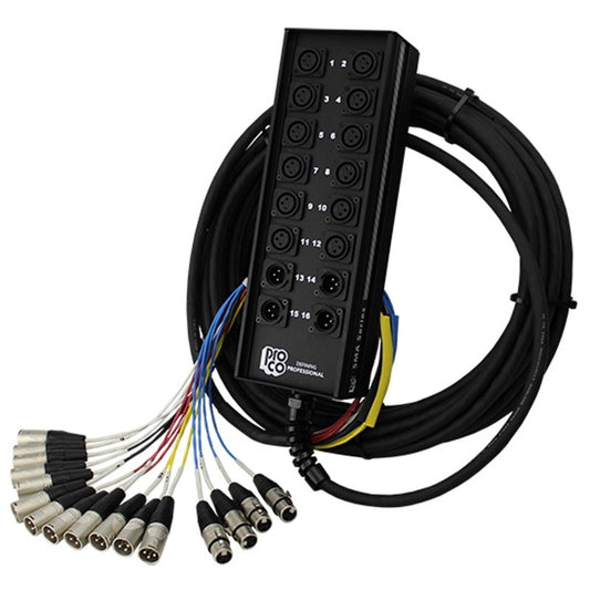 ProCo Sound SMA Series audio snake with numbered XLR stage box and coiled cable with XLR fan-out tails