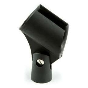 13585 mic clip for HH and UT handheld transmitters, angled front view of black plastic holder with slotted cradle and slotted screw on the stand mount base, Lectrosonics