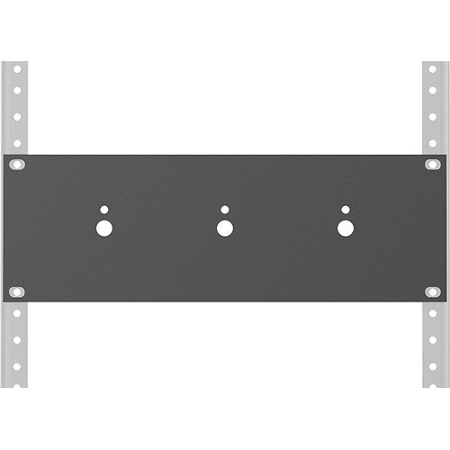 ATPLATE-HR attenuator rack mounting plate front view mounted between rack rails with three attenuator shaft holes and four mounting screw holes, AtlasIED