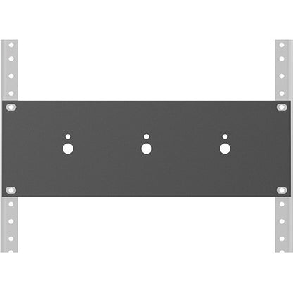 ATPLATE-HR attenuator rack mounting plate front view mounted between rack rails with three attenuator shaft holes and four mounting screw holes, AtlasIED