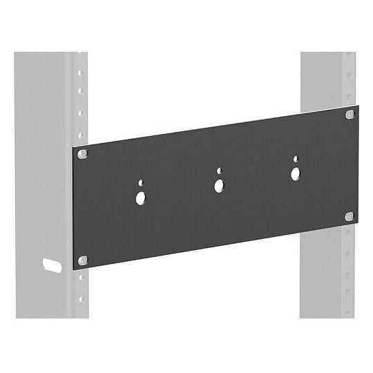 ATPLATE-HR attenuator rack mounting plate angled view installed on rack rails showing three attenuator cutouts and corner mounting screws, AtlasIED
