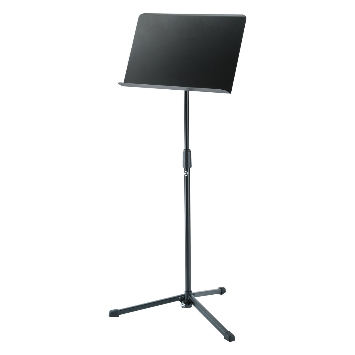11922 orchestra music stand full front view with black solid desk, telescoping column and three-legged folding base with rubber feet, K&M