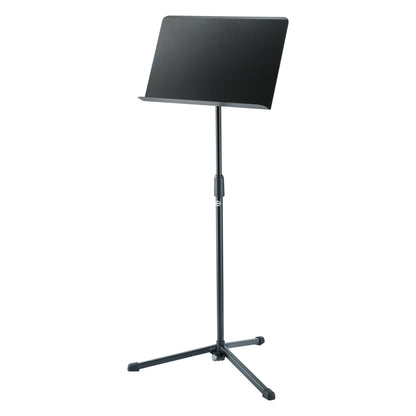 11922 orchestra music stand full front view with black solid desk, telescoping column and three-legged folding base with rubber feet, K&M