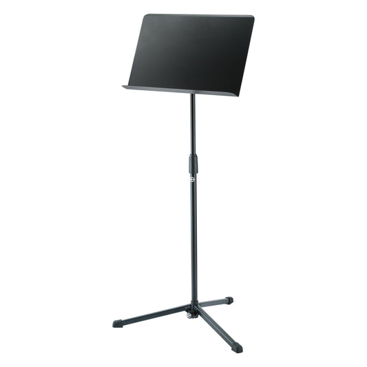 11922 orchestra music stand full front view with black solid desk, telescoping column and three-legged folding base with rubber feet, K&M