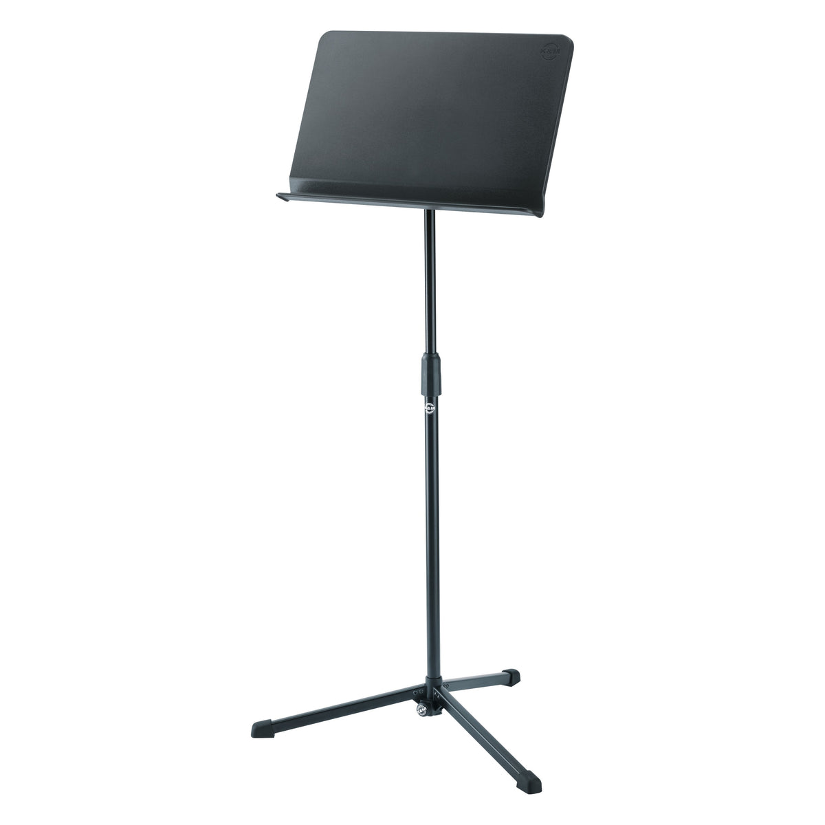 11923 orchestra music stand full front view with solid black desk, ledge lip and tripod base with rubber feet, K&M