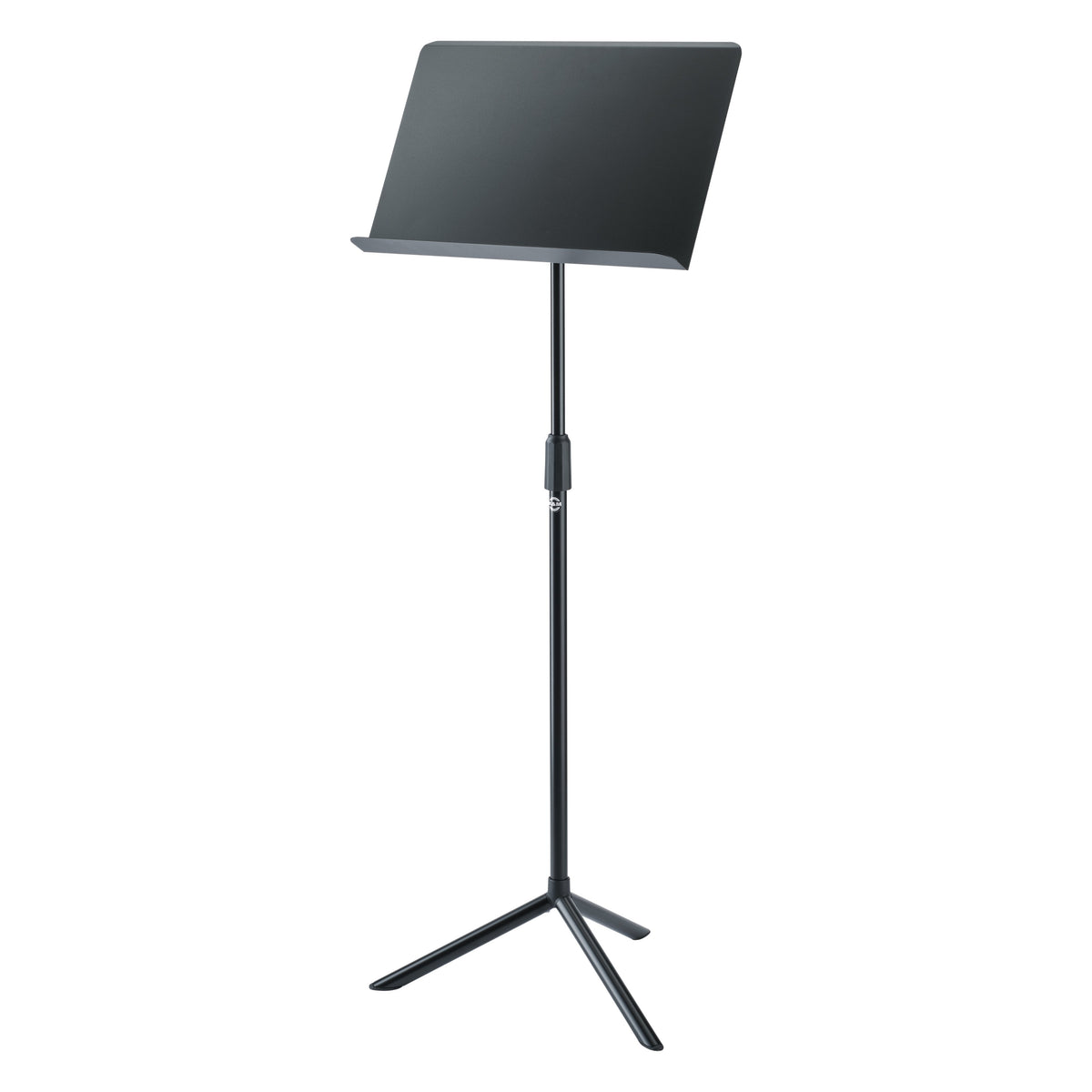 11924 orchestra music stand full front view with black solid desk, ridged lower lip and tripod base, K&M