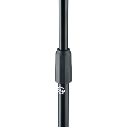11924 orchestra music stand friction lock height adjustment collar detail with K&M logo on black tube, K&M
