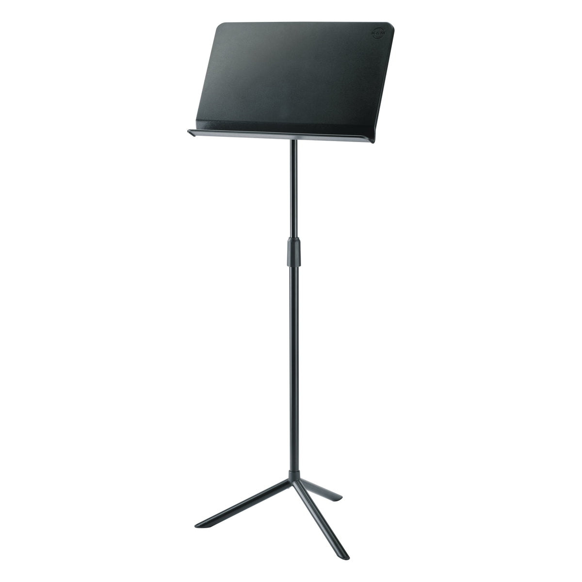 11925 orchestra music stand full front view with solid black desk, lip ledge and three-legged tripod base, K&M