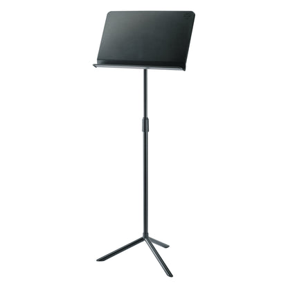 11925 orchestra music stand full front view with solid black desk, lip ledge and three-legged tripod base, K&M