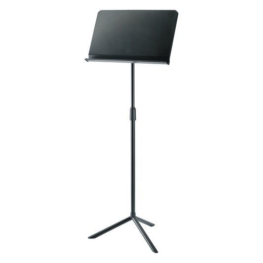 11925 orchestra music stand full front view with solid black desk, lip ledge and three-legged tripod base, K&M