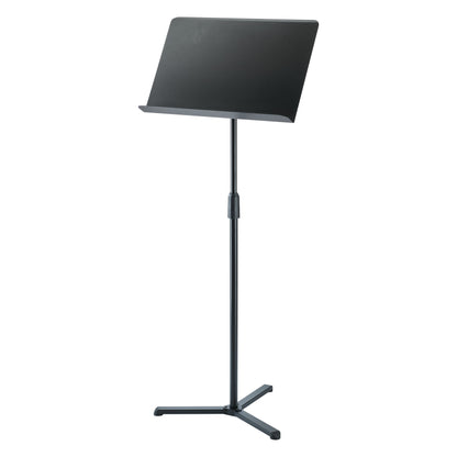 11926 orchestra music stand full front view with black solid desk, telescopic shaft and three-legged flat base, K&M