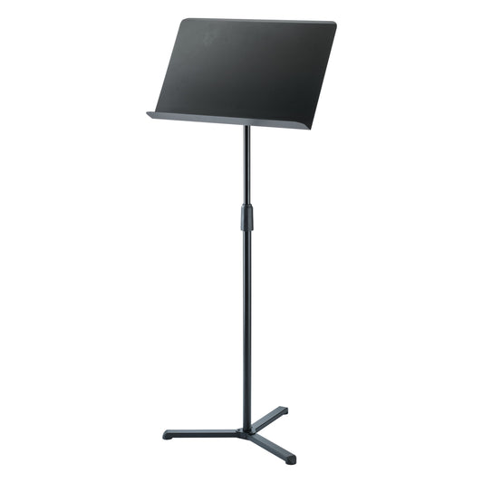 11926 orchestra music stand full front view with black solid desk, telescopic shaft and three-legged flat base, K&M