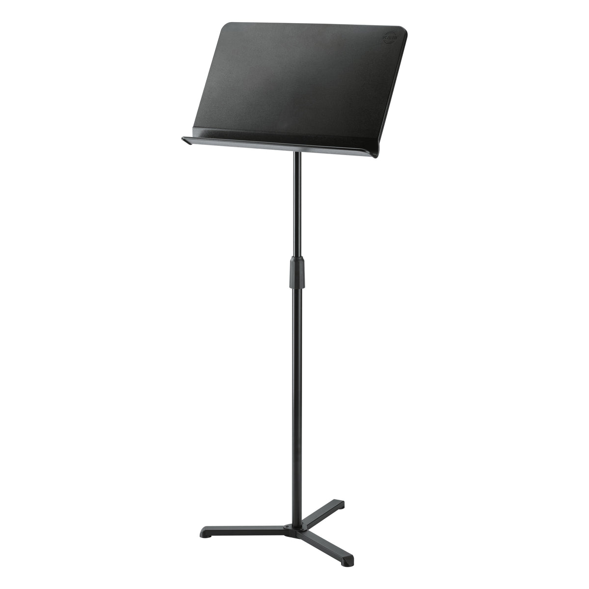 11927 orchestra music stand full front view with black solid desk, telescoping column and three-leg flat base, K&M