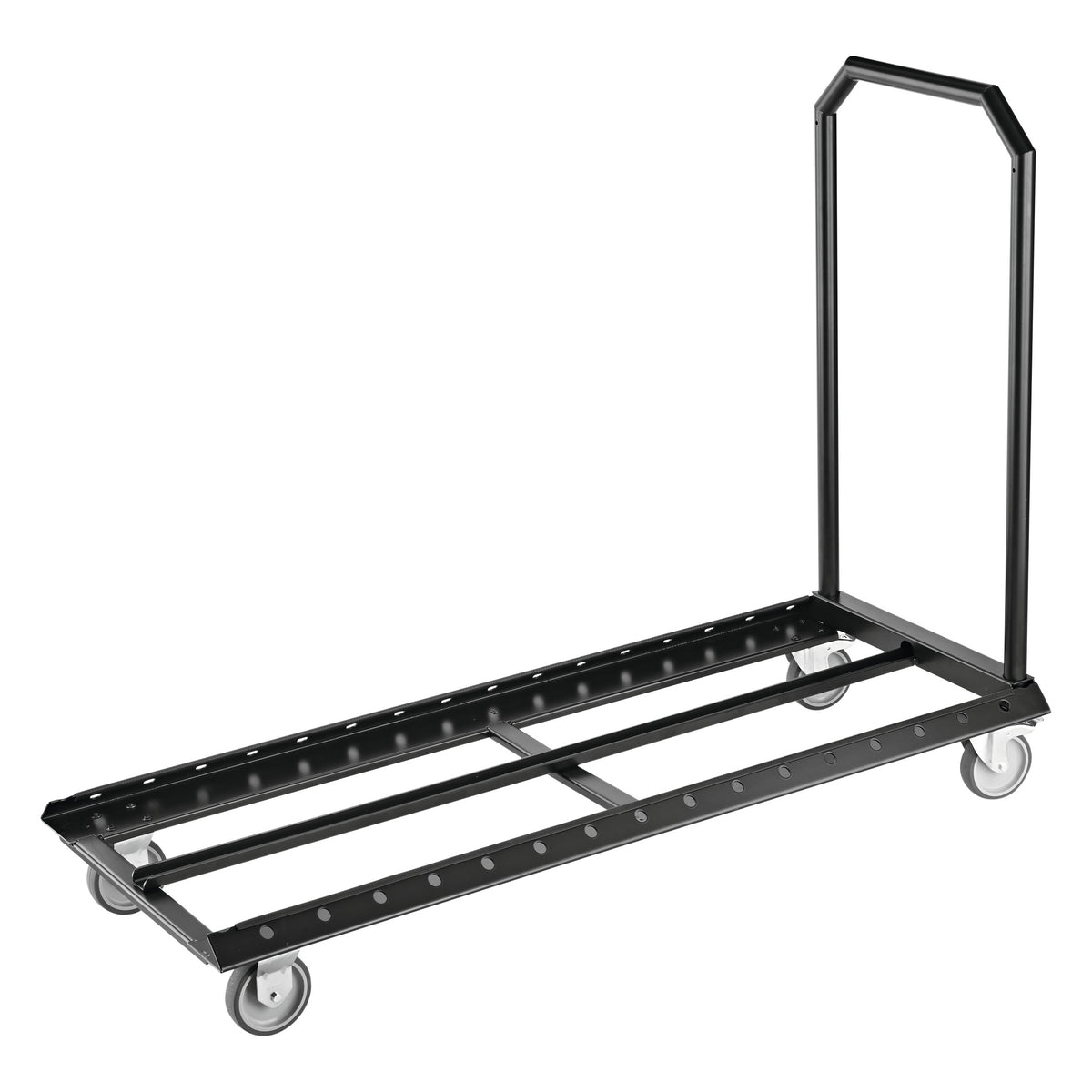 11934 orchestra music stand transport wagon three-quarter front view showing black steel frame with perforated side rails, upright push handle and four grey castors, K&M