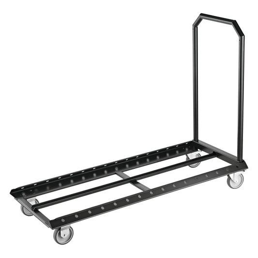 11934 orchestra music stand transport wagon three-quarter front view showing black steel frame with perforated side rails, upright push handle and four grey castors, K&M