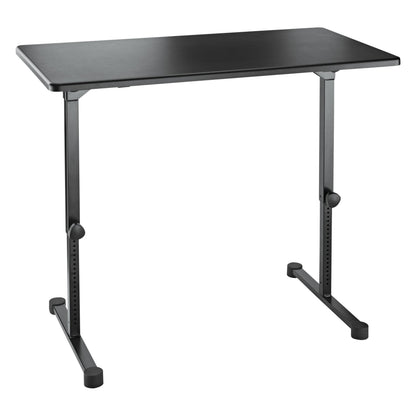 12170 folding DJ event table front three-quarter view set up with black tabletop and T-shaped legs with perforated height-adjustment holes and clamp knobs, K&M