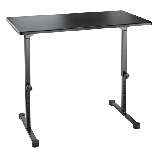 12170 folding DJ event table front three-quarter view set up with black tabletop and T-shaped legs with perforated height-adjustment holes and clamp knobs, K&M