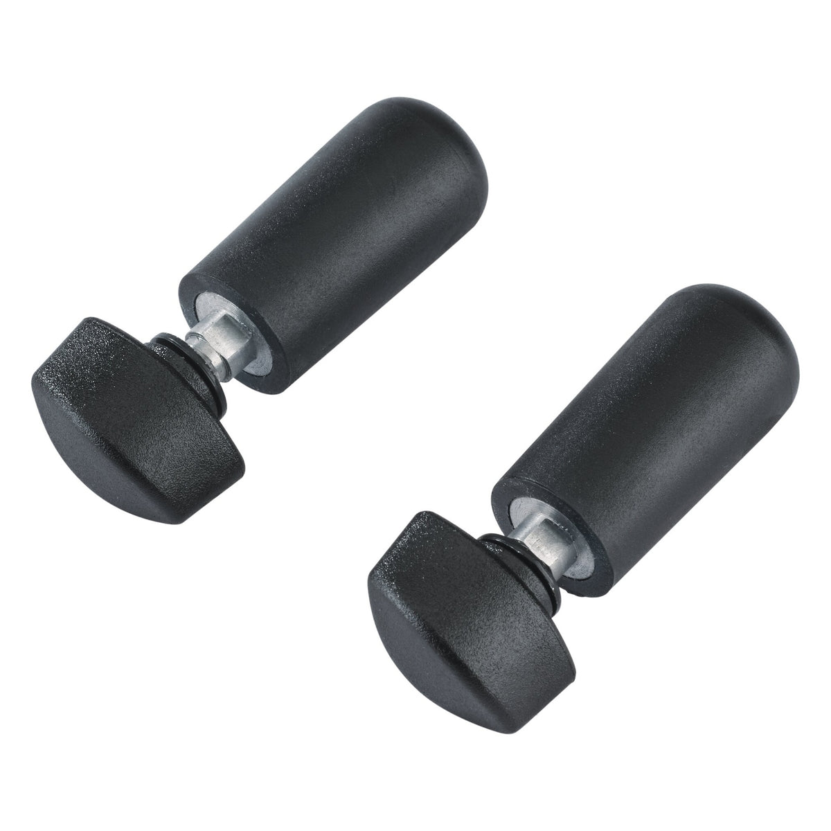 12189 XL stop pins pair on white background showing black cylindrical pin bodies with wing-style thumb nuts and metal threaded shafts, K&M