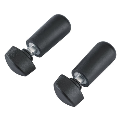 12189 XL stop pins pair on white background showing black cylindrical pin bodies with wing-style thumb nuts and metal threaded shafts, K&M