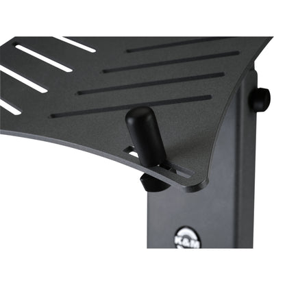 12189 XL stop pin fitted in slotted shelf of black laptop stand, close-up of pin and thumb nut beneath the plate, K&M