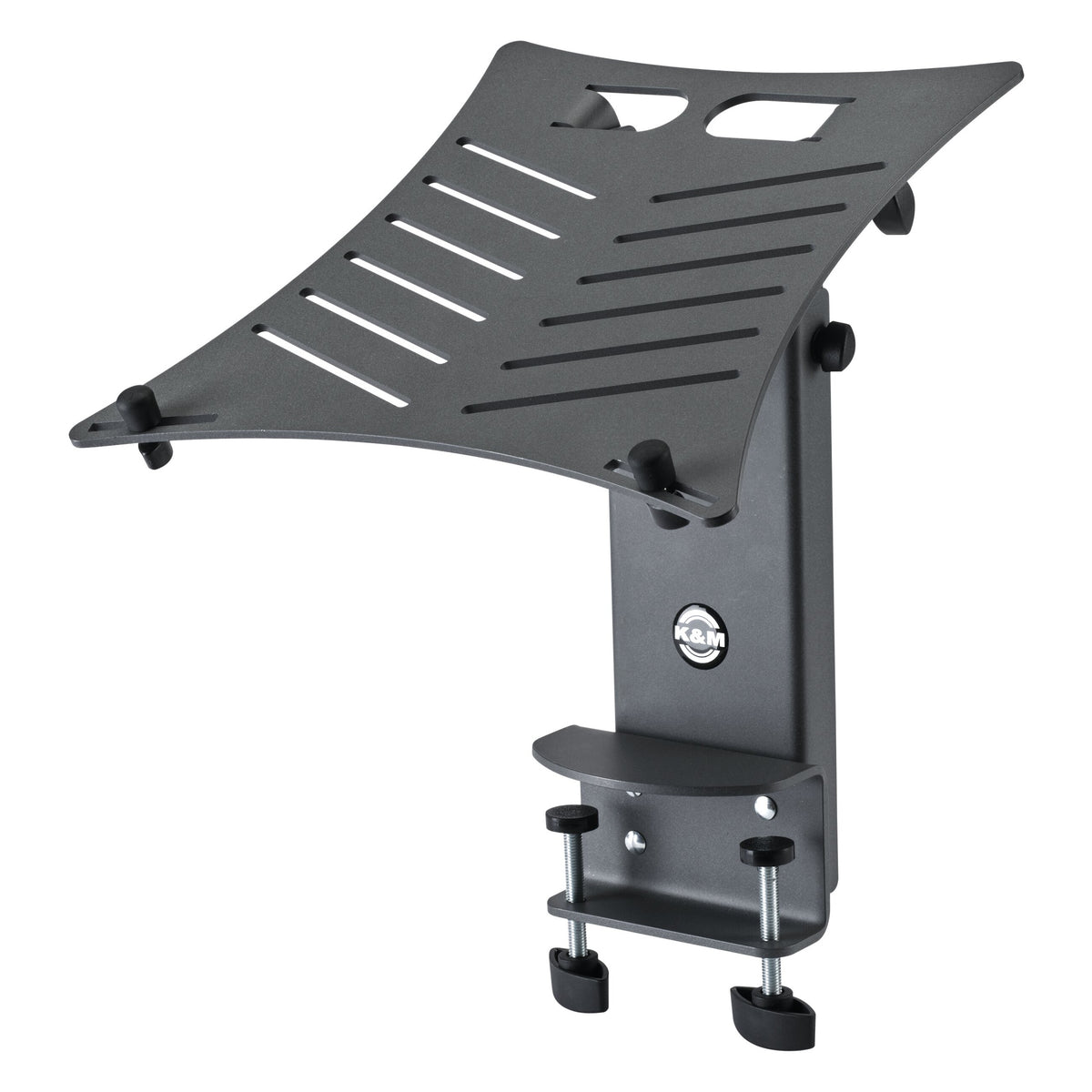 12196 clamping laptop stand three-quarter front view with slotted tilted platform and dual-screw table clamp in dark grey, K&M