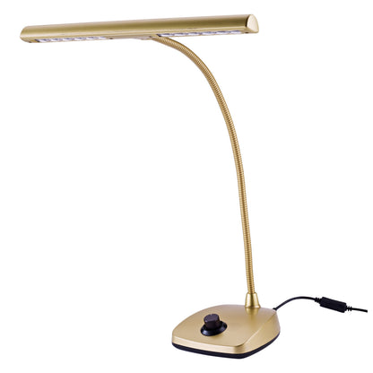 12298 LED piano lamp full view in gold with gooseneck arm, LED light bar and dimmer knob on weighted base, K&M