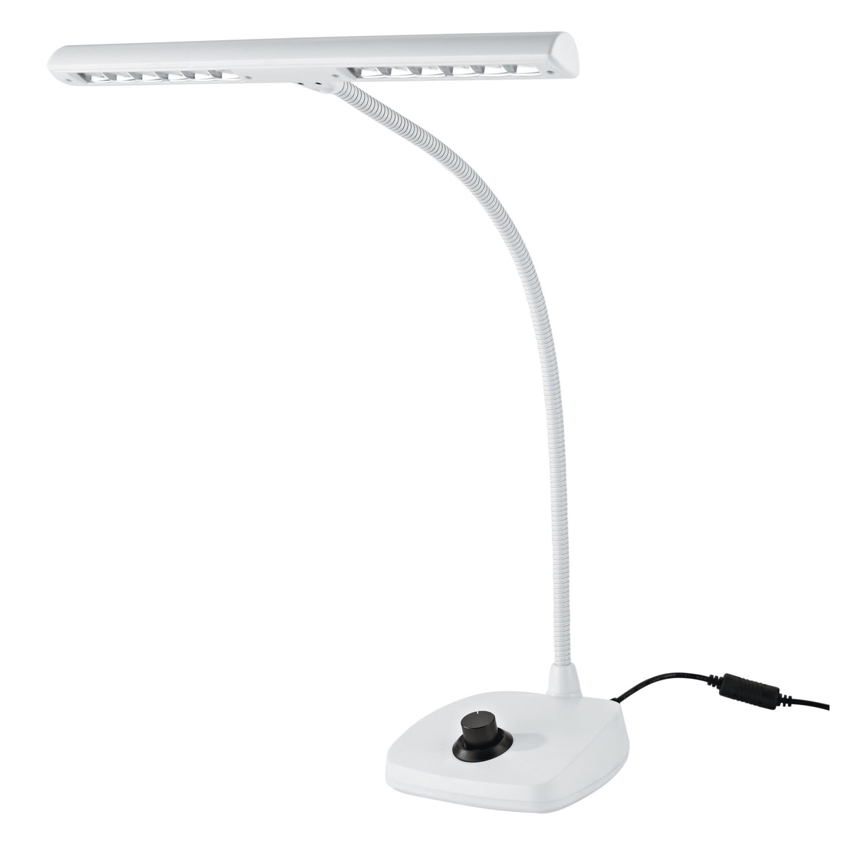 12298 LED piano lamp front view in white with slotted LED light bar on a flexible gooseneck and round black dimmer knob on the base, K&M