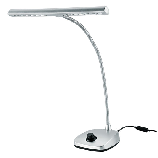 12298 LED piano lamp full view in silver with gooseneck arm, horizontal LED light bar and dimmer knob on weighted base, K&M