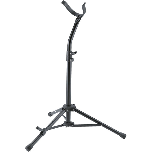 KM 14410.021.55 baritone saxophone stand side view with padded bell yoke, height-adjustment clamps and folding tripod base, K&M