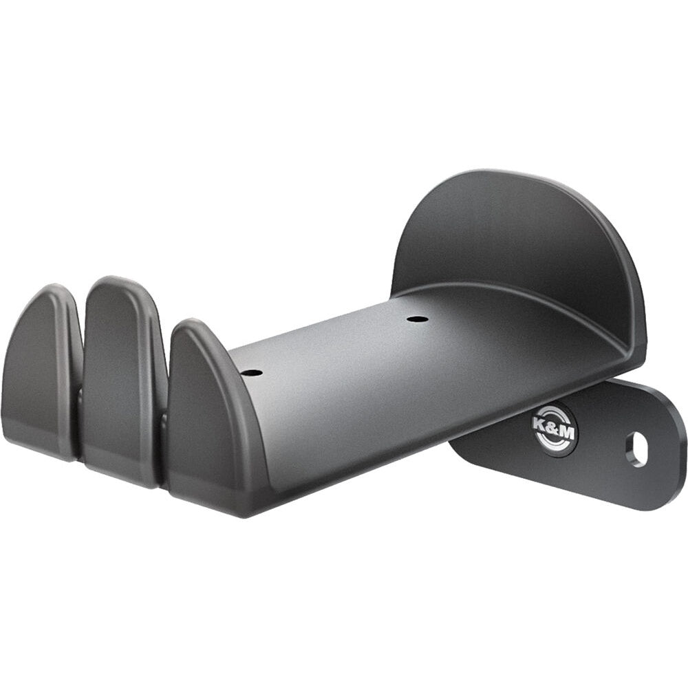 KM 16310.022.55 wall-mounted headphone holder angled view showing black finish, cable slots and screw mounting hole, K&M
