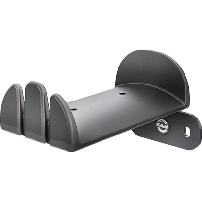 KM 16310.022.55 wall-mounted headphone holder angled view showing black finish, cable slots and screw mounting hole, K&M
