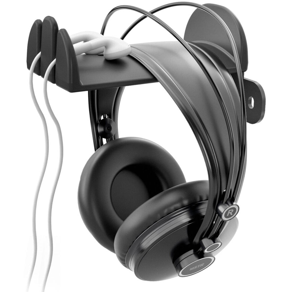 KM 16310.022.55 headphone hanger in use with over-ear headphones cradled and cable routed through side slots, K&M