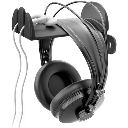 KM 16310.022.55 headphone hanger in use with over-ear headphones cradled and cable routed through side slots, K&M