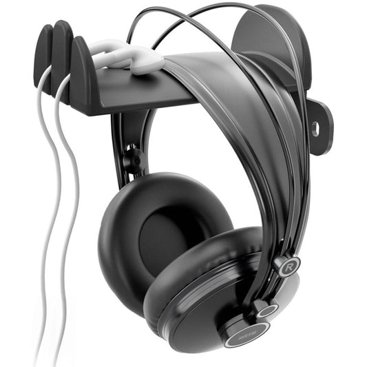 KM 16310.022.55 headphone hanger in use with over-ear headphones cradled and cable routed through side slots, K&M