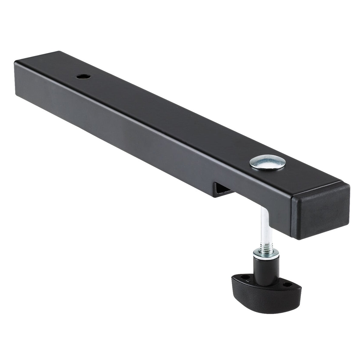 18814 Omega stand adapter angled three-quarter view showing black square-tube bar, round-head bolt and black T-handle clamping screw, K&M