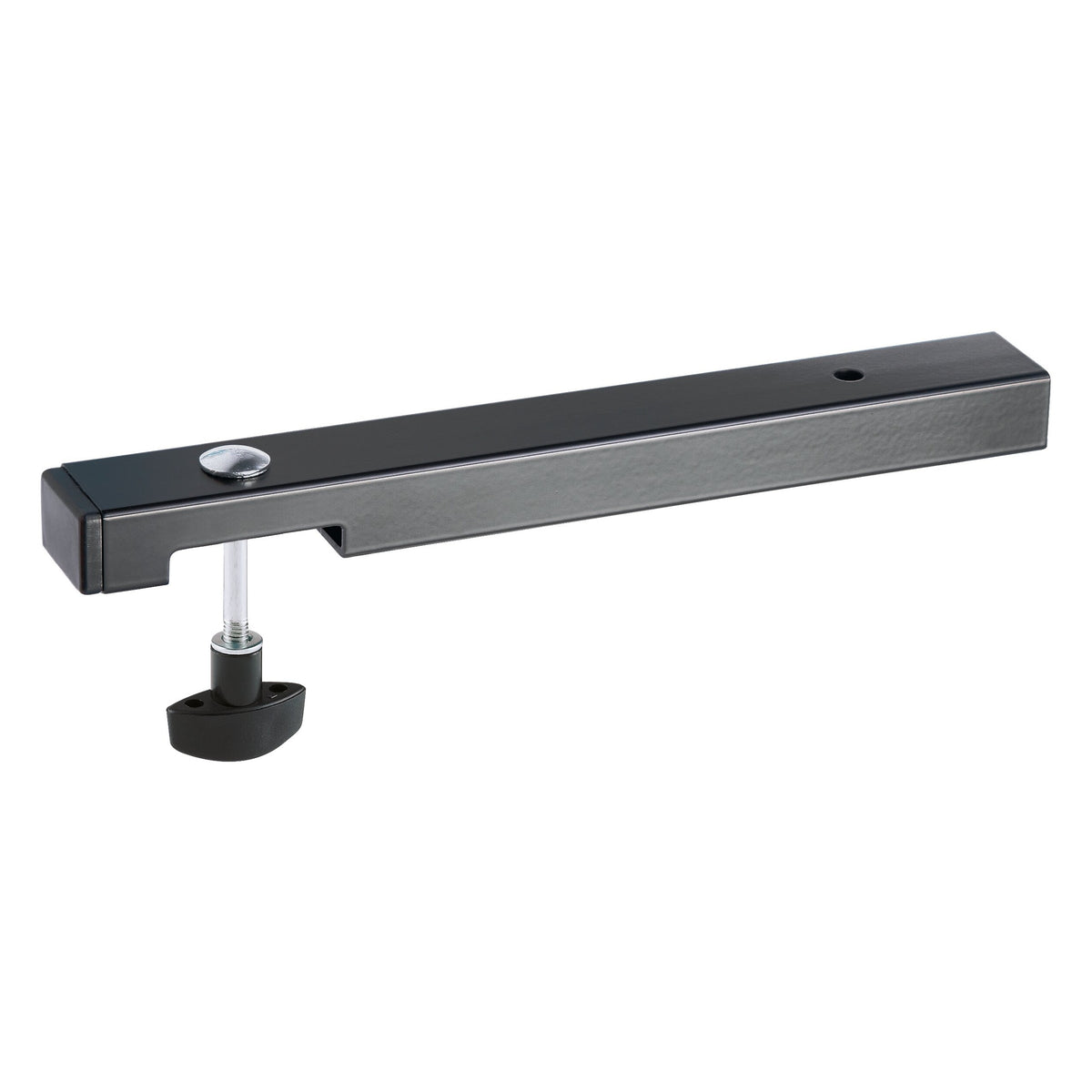 18814 Omega stand adapter side detail showing cut-out slot, threaded T-handle clamp screw and mounting hole at the far end of the bar, K&M