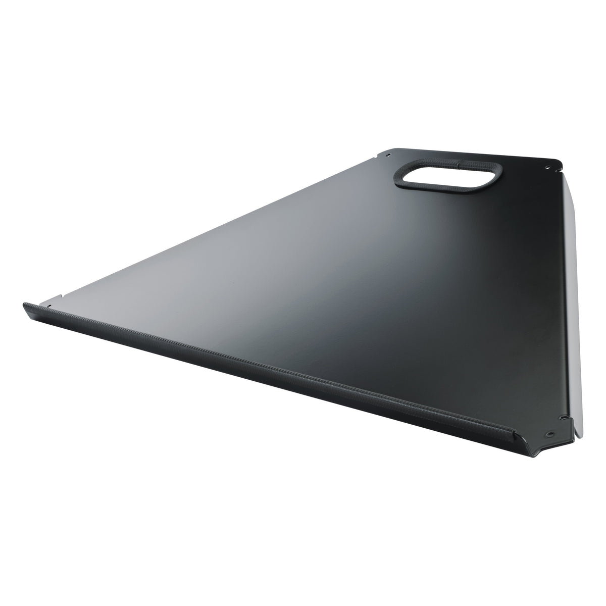 18879 Spider Pro XL keyboard tray angled top view showing black trapezoid surface, front lip and cut-out carry handle, K&M